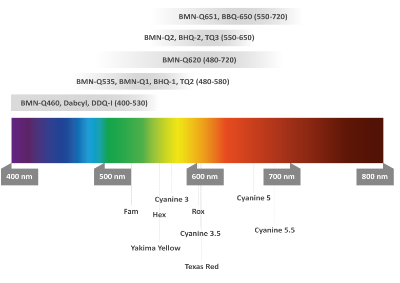 Farbspektrum mit Quenchbereich verschiedener bei biomers.net erhältlichen Quencher. 